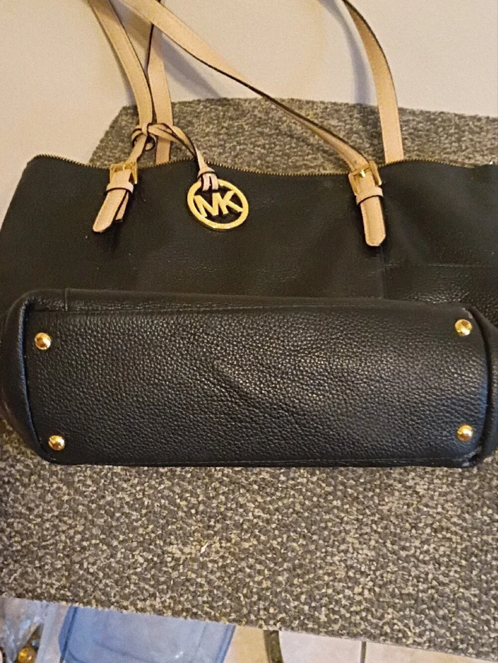 Michael Kors Pebbled  Black Leather Tote with Cream Handles and Gold Hardware